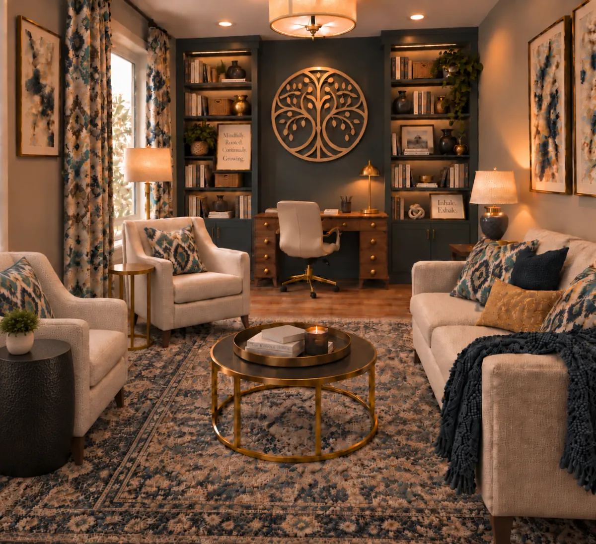 A warm therapy office with cream armchairs, a sofa, bookshelves, and a gold tree emblem on the wall